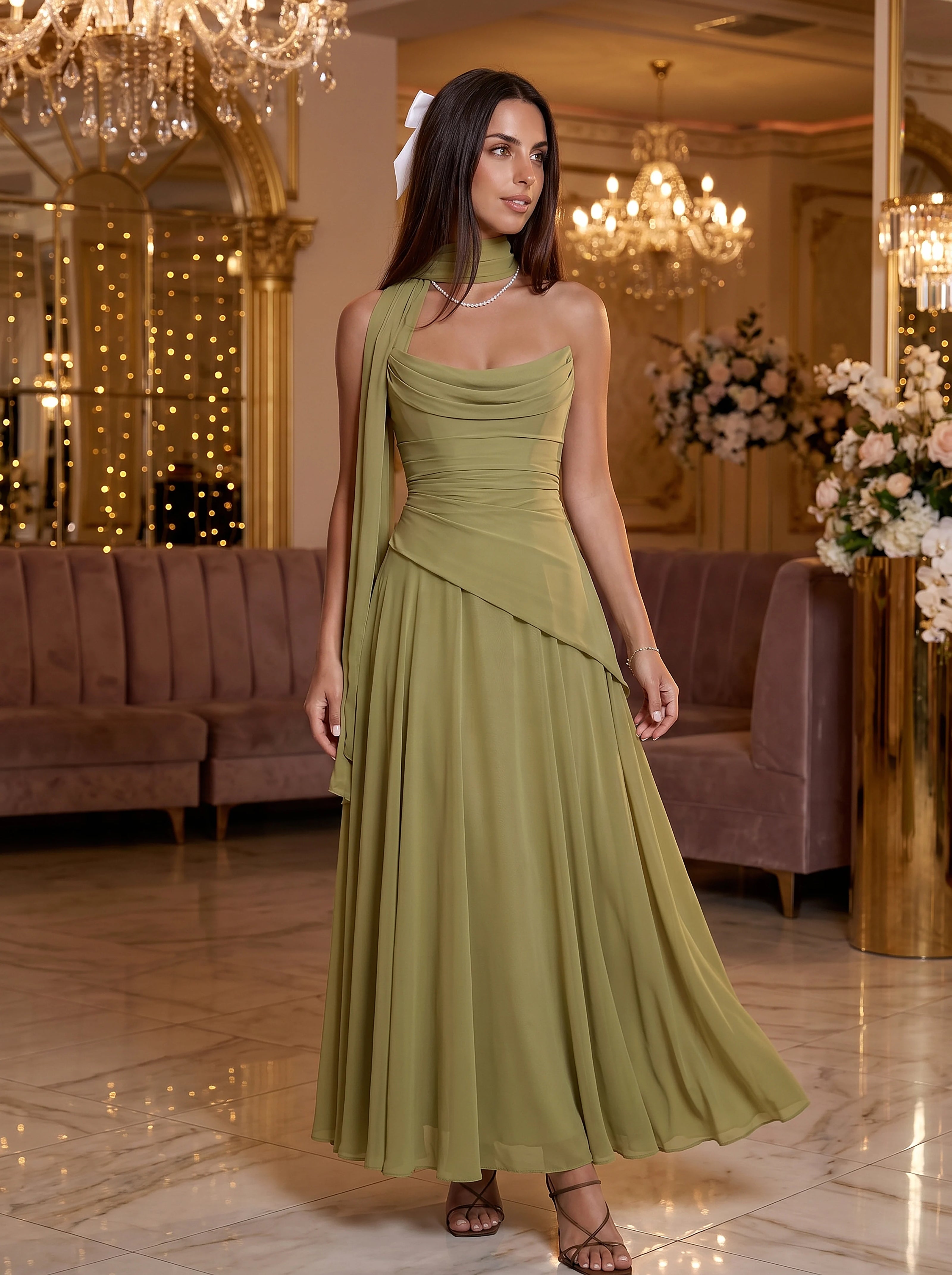 Olive Green Midi Drape Gown