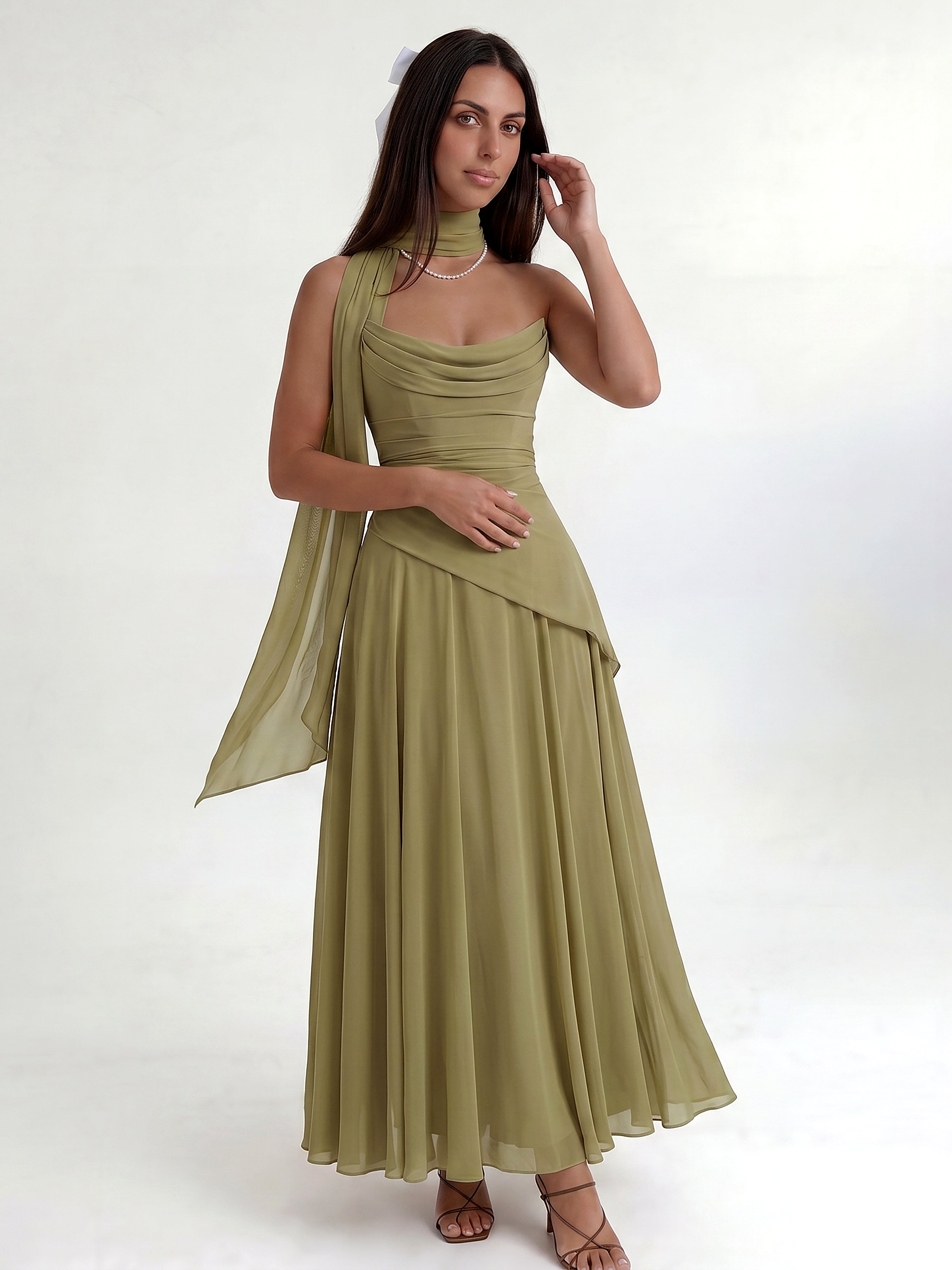 Olive Green Midi Drape Gown