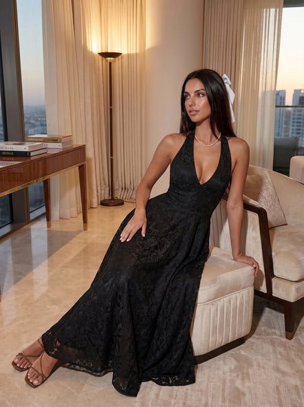 Black Elara Halter Midi Dress