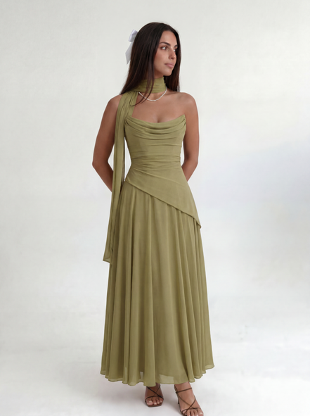 Olive Green Midi Drape Gown