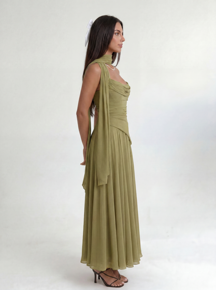 Olive Green Midi Drape Gown