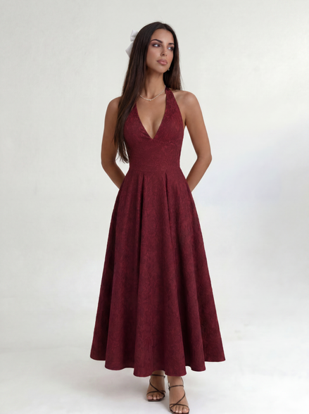 Red Elara Halter Midi Dress