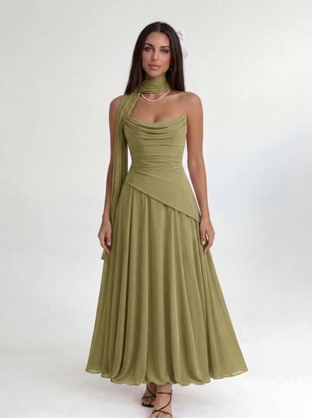 Olive Green Midi Drape Gown